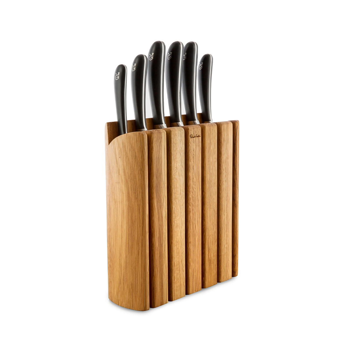 Noże SIGNATURE w drewnianym bloku 6 szt. / Robert Welch - Połączenie estetyki i funkcjonalności dla Twojej kuchni. Noże posiadają czarne rękojeści